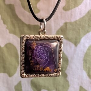 Hand Crafted Purple Square Resin Pendant Necklace with Gold Accents